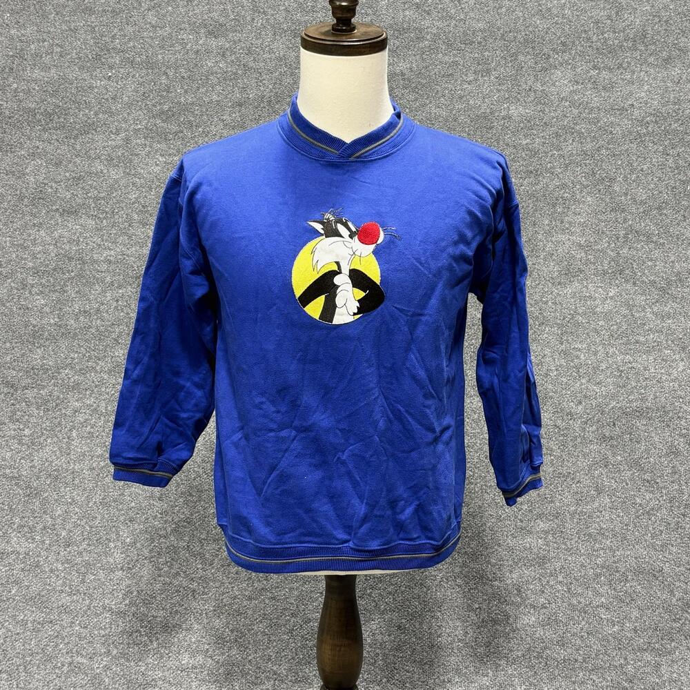 Vintage Looney Tunes Sweatshirt Boys 10-12 Blue Sylvester Tweety Fleece 90s